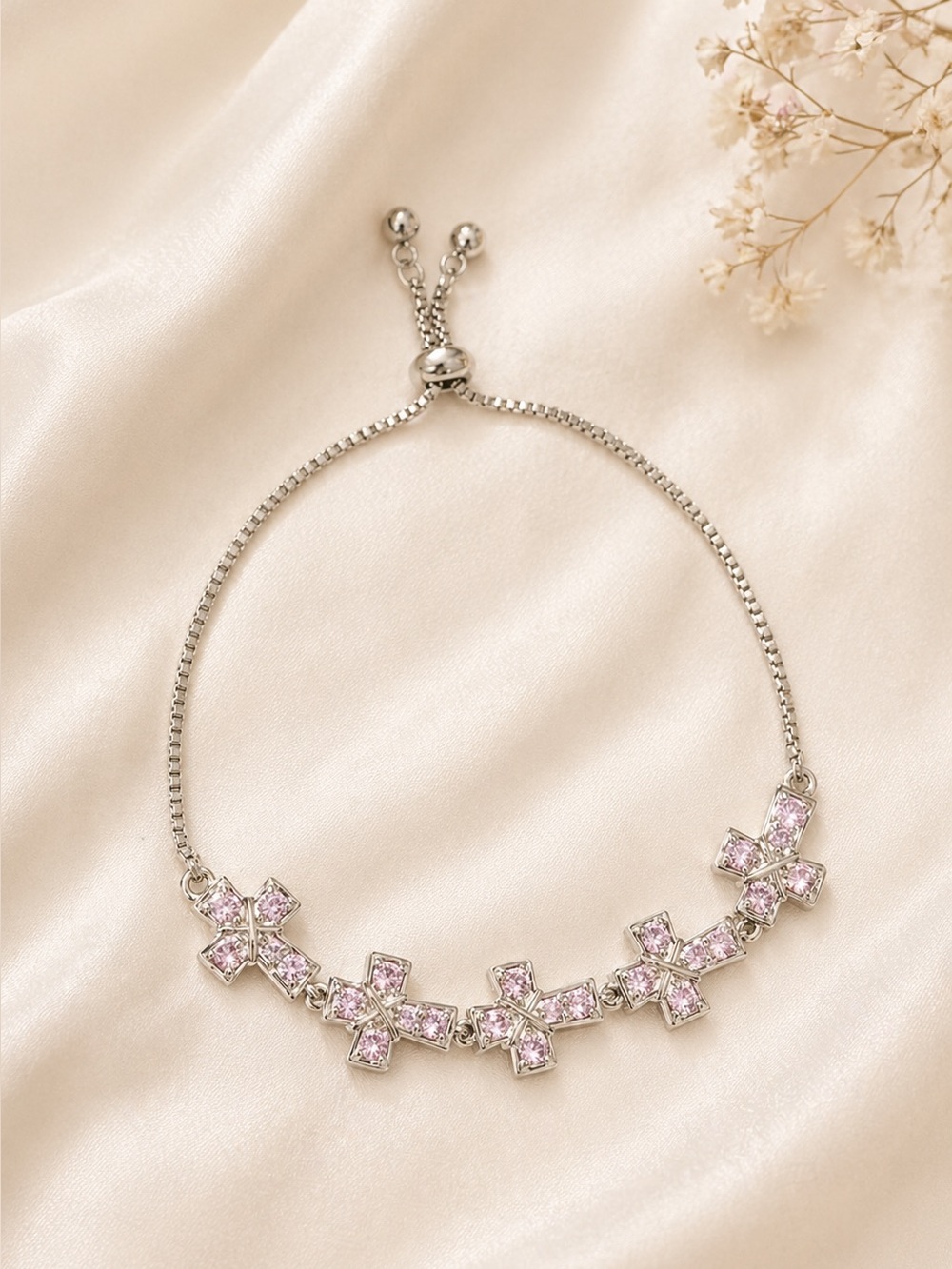 Pink Diamond Bolo Cross Bracelet in Platinum Bond Brass & Stainless Steel